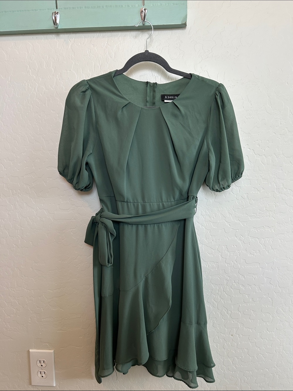 B Darlin Olive Green Puff-Sleeve Belted Mini Dress